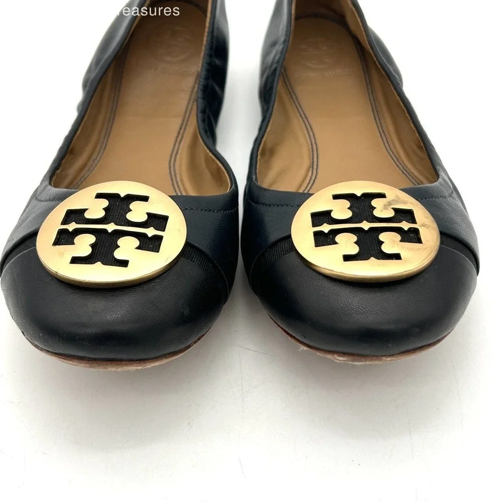 Tory Burch Reva Scrunch Navy Black Leather Ballet Flats Gold Logo Size 6.5M
